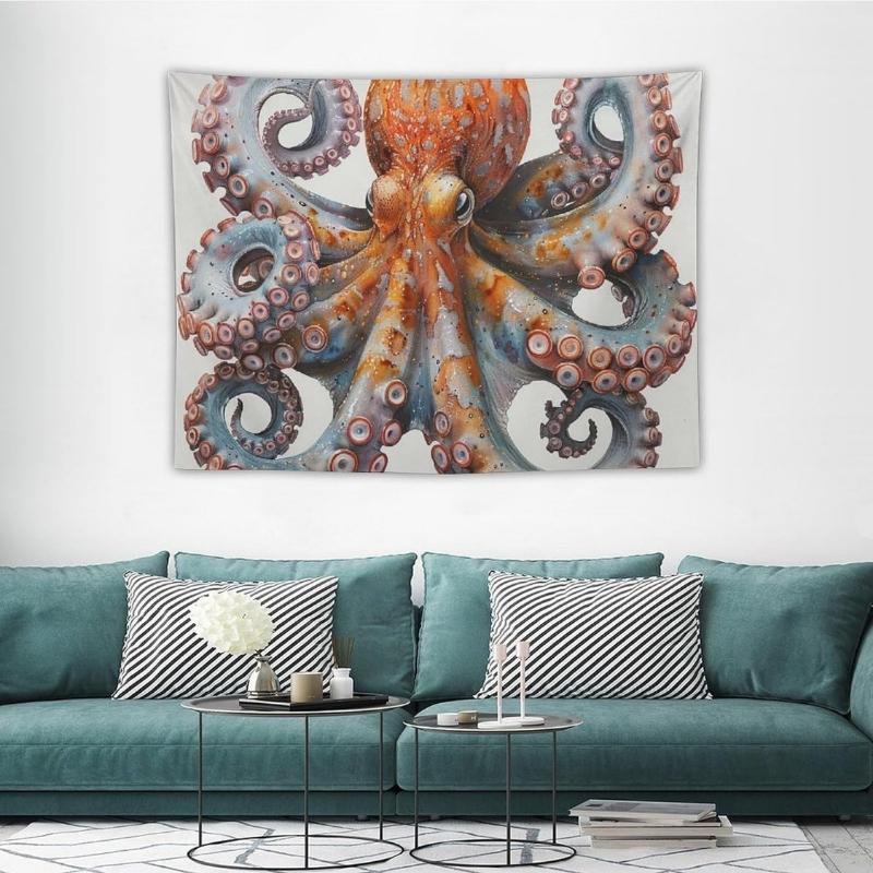 Realistic Octopus Tapestry, Calming Wall Art with Watercolor Octopus, Orange & Blue Tones, Ideal for Home & Ocean Themed Spaces
