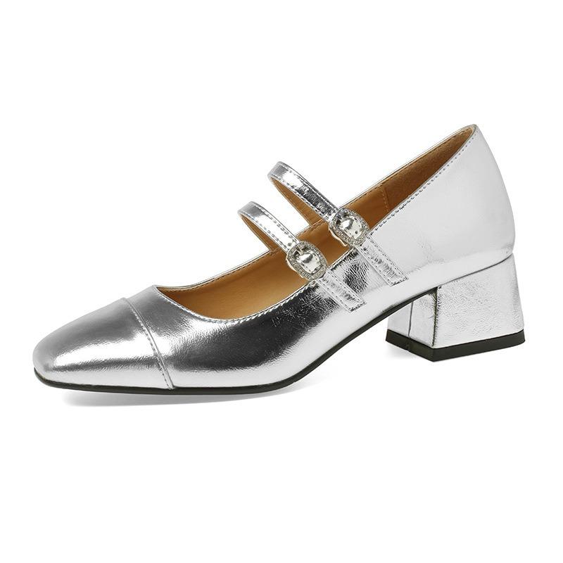 Sheepskin Version Silver Thick Heel Mary Jane Shoes Women's New Square Head Light Mouth One-word Buckle Strap Single Shoes Women's High Heels