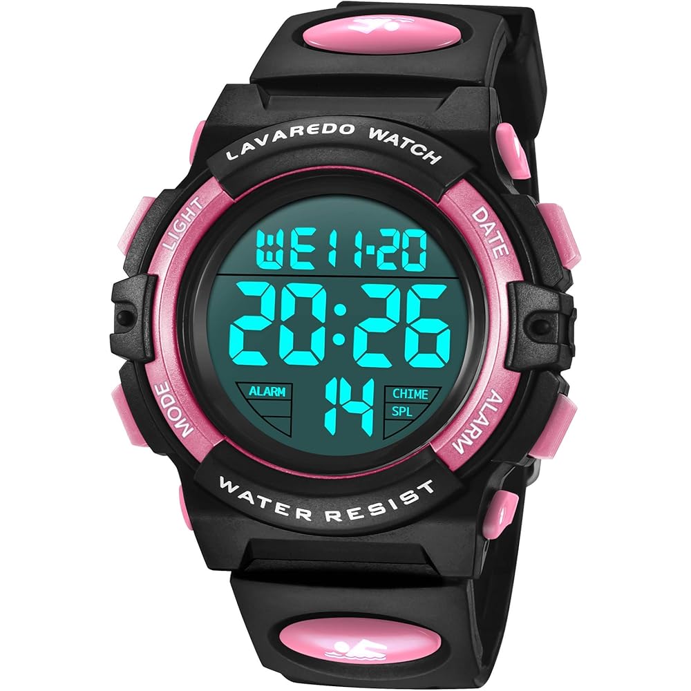 Kids Sports Watch Pink Outdoor Multifunction Waterproof Dual Time LED Analog Digital Display