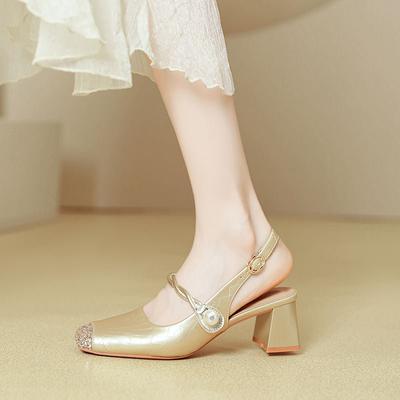 Mary Jane Bag Head Sandals Women's Thick Heel New Silver Word with Square Head Empty High Heels