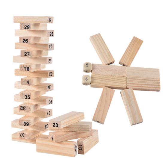 54Pcs Wooden Tower Toy Set Stacker Board Building Blocks Educational Kids Gifts