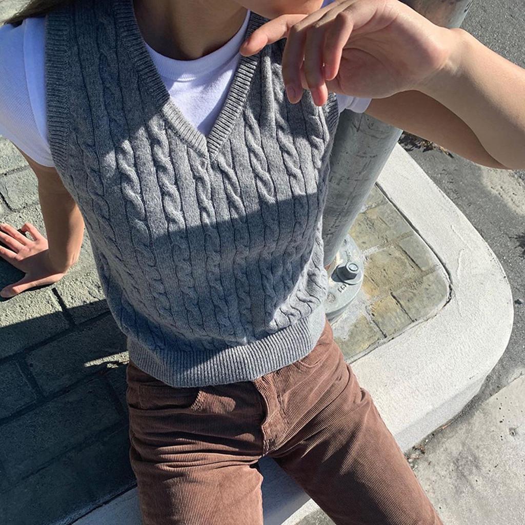 Womens Casual Plaid Knitted Tank Top  Knitwear Preppy Style V-Neck Vest Sweater