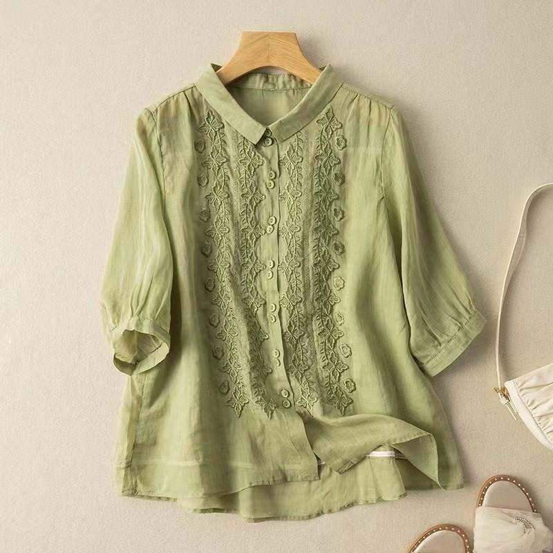 Seven Quarter Sleeve Embroidered Cotton Linen Shirt Women's Artistic Retro Design Sense Top for Spring Summer Shirt