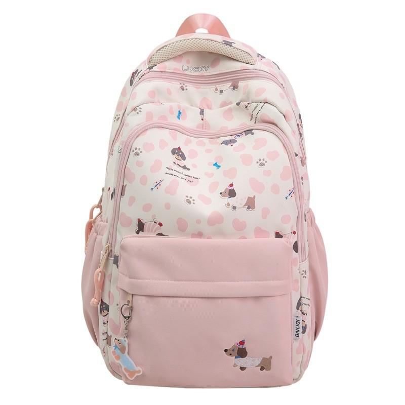 Cute Dachshund Dog Cartoon Printed Student Backpack With Pendant School For