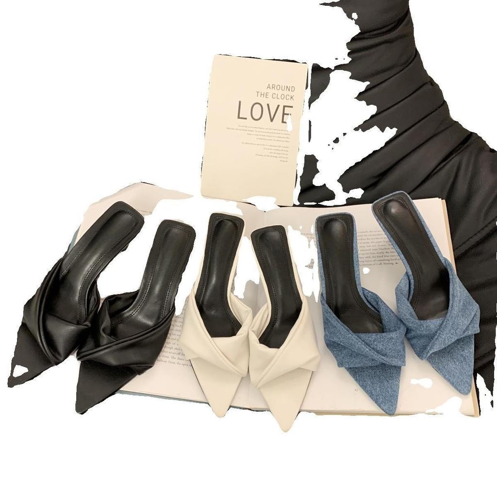 Spitze Pantoletten mit offener Zehenpartie, denimblau, Stiletto-Absatz, Schleifensandalen