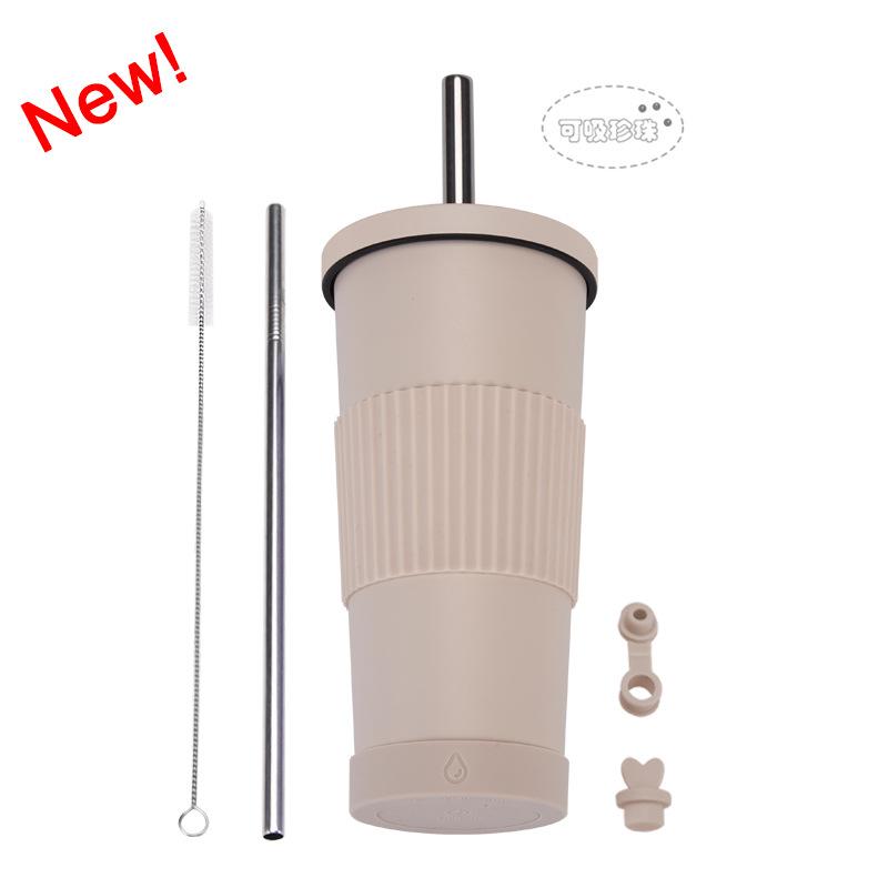 710Ml Bubble Tea Cup Non-Slip Double-Layer Stainless Steel Straw Cup Multi-Color Straw Thermal Insulation Water Cup