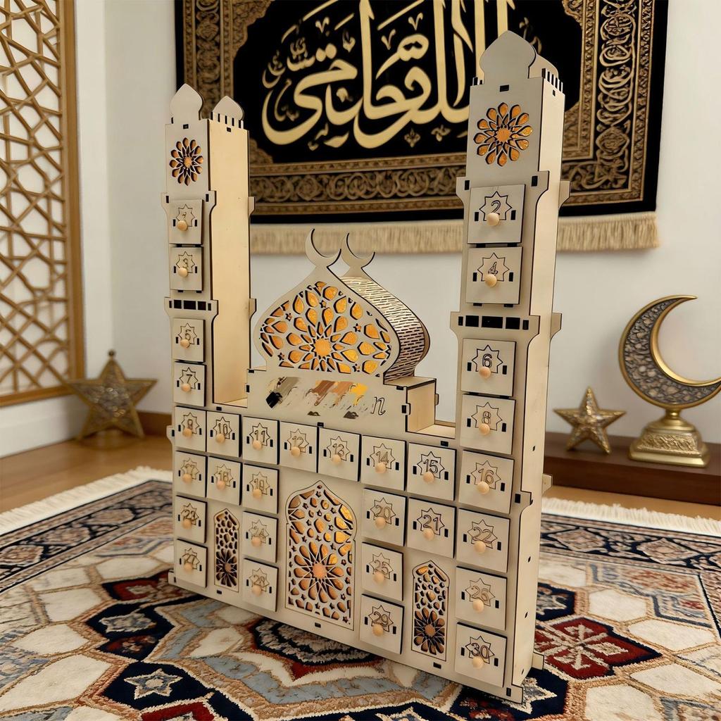 Calendario de Cuenta Atrás de Madera Forma de Castillo Adorno de Mesa Con Cajones 30 Días Calendario de Actividades Divertido Con Luz Para Ramadán