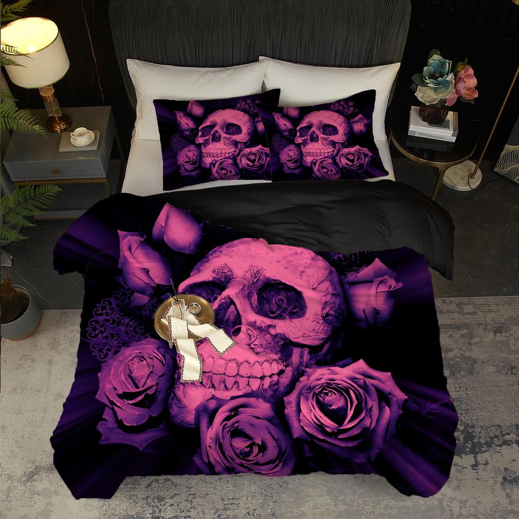 Comforter Violet Rose Golden Skull Pattern 3D Print Halloween Gothic Style Bedding Set With Polyester