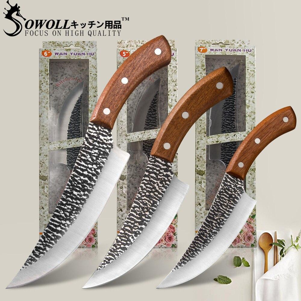 

SOWOLL 5 6 7 дюймов Выживание Кемпинг Сербский охота Шеф-повар Ножи Набор кованых нарезанных обвалочных ножей Full Tang Ручной работы Слайсер