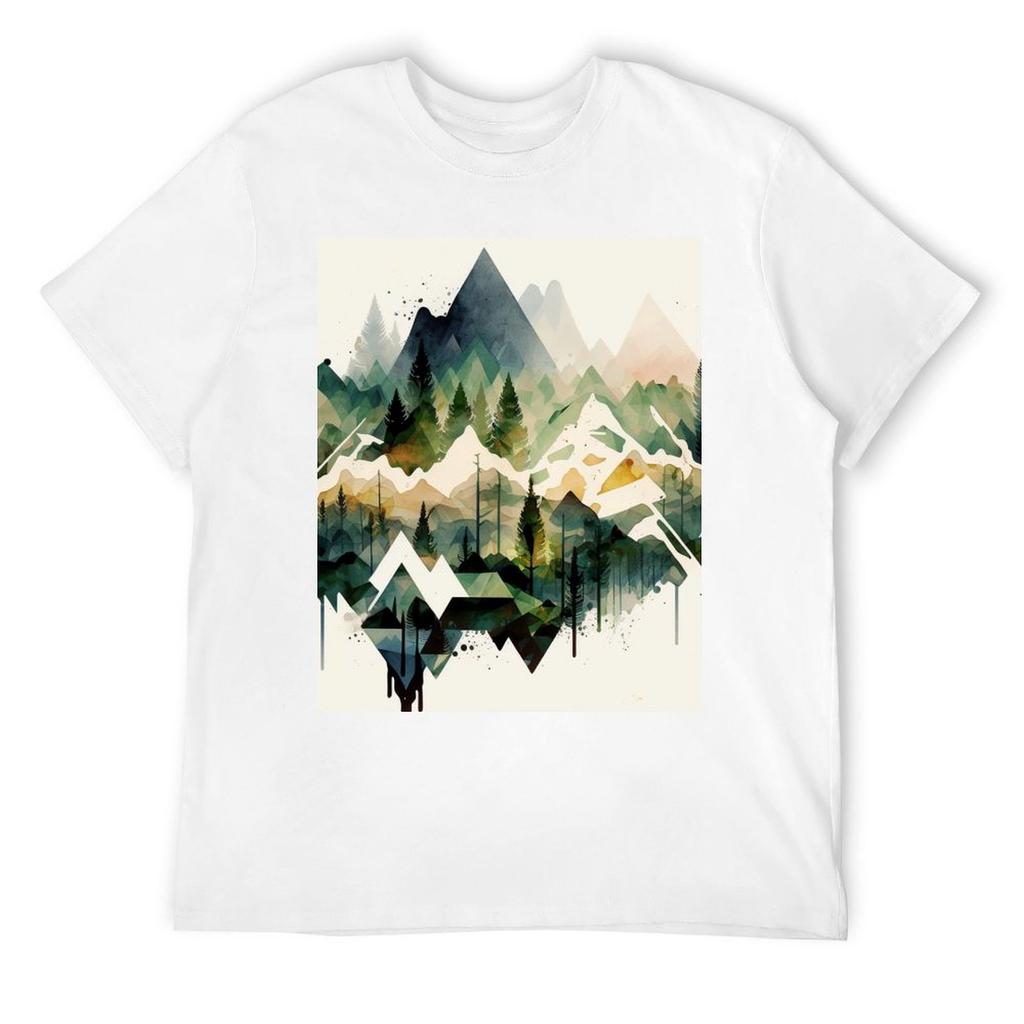 Mountain Geometric Shapes Watercolor T-Shirt New Edition Essential T Shirt Summer Clothes Men's T Shirts