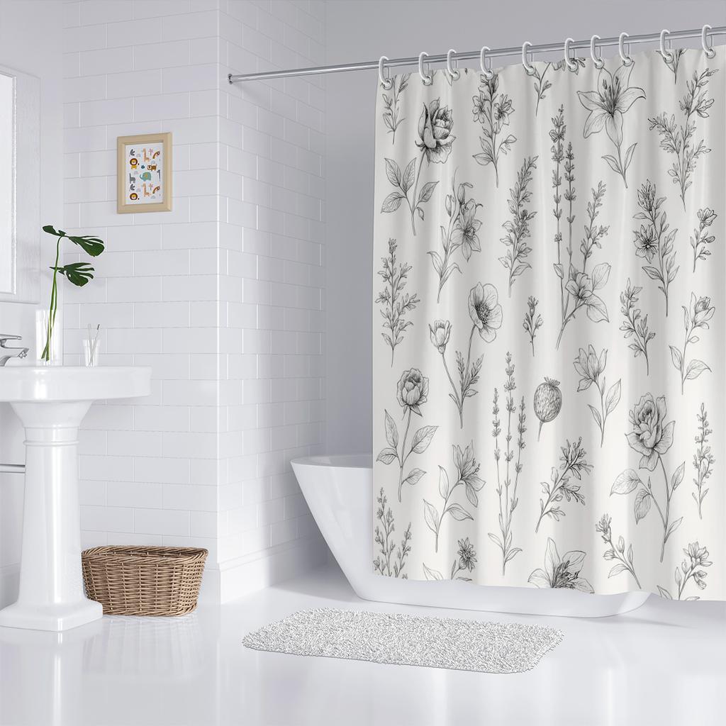 1PC Floral Pattern Printed Shower Curtain, Waterproof, with 12 Hooks, Bathroom Showers, Bathtub, Fashionable Home Use