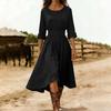 Damen Baumwoll-Leinen Midi Kleid Lässig Rundhalsausschnitt Langarm Schwingkleid Sommer Falten A-Linie Fließendes Kleid