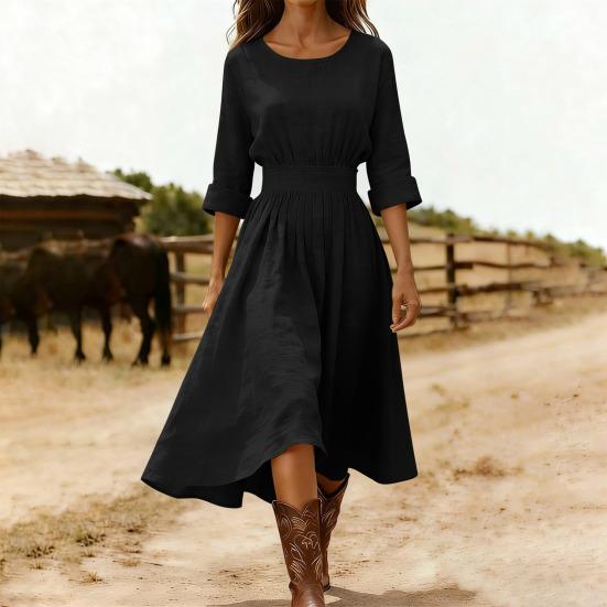 Damen Baumwoll-Leinen Midi Kleid Lässig Rundhalsausschnitt Langarm Schwingkleid Sommer Falten A-Linie Fließendes Kleid