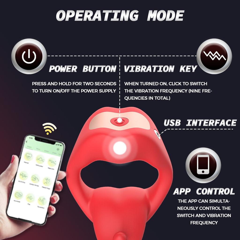 APP Controlled Tongue Penis Vibration Ring Vibrační kroužek na penis na penis pro muže Pár Oddálení ejakulace Mužský masážní přístroj Šourek Varlata Vibrátor