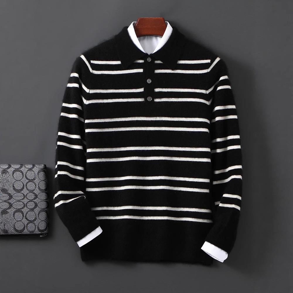 Men's 100% Wool Color Block Stripe Polo Collar Sweater, Autumn/Winter Collection