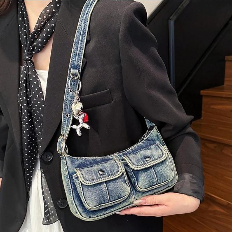 Stylish Washed Denim Messenger Bag, Y2K Style Underarm Purse with Balloon Dog Charm Commuter Handbag Shoulder Bag for Women