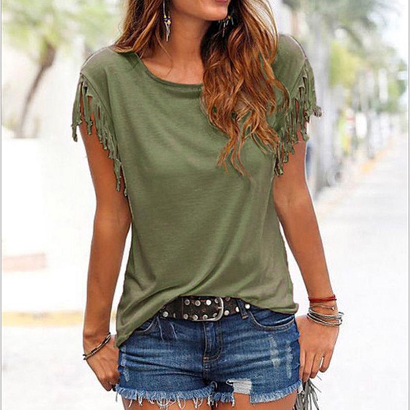 

Women Cotton Tassel Casual Solid Color Tees Short Sleeve O-Neck T-shirt Tops S світло-зелений колір