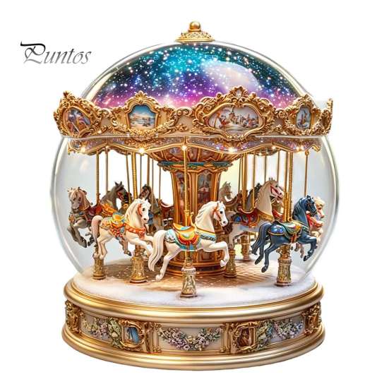 Rotating Carousel Table Ornament Christmas Crystal Ball Figurine, 2D Acrylic Winter Cottage Lightweight Holiday Gift Tabletop Ornaments for