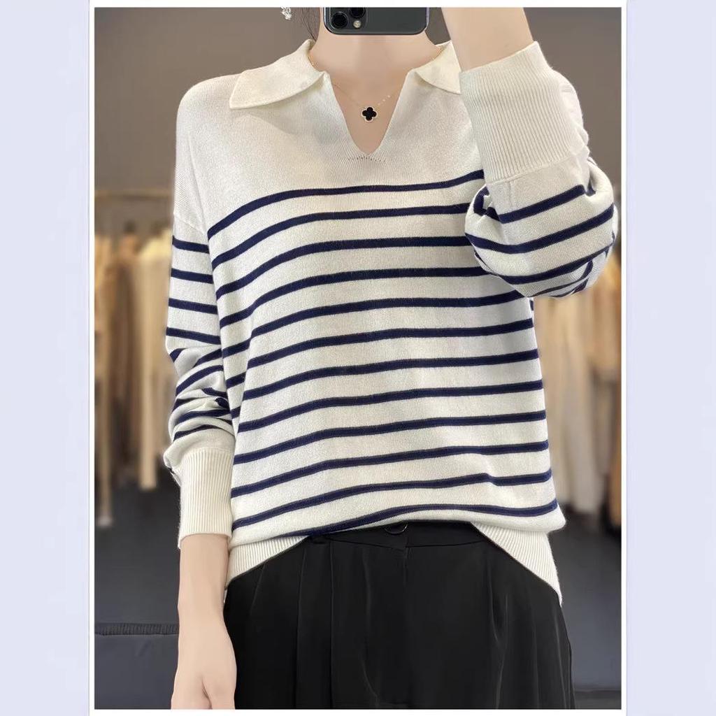 Women's Striped Polo Collar V-Neck Wool Sweater by Zhao Silu - Versatile and Slimming Top