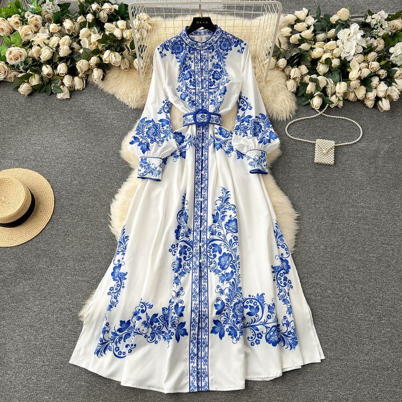 

Elegant Retro Print Dress Single Breasted Artsy White S