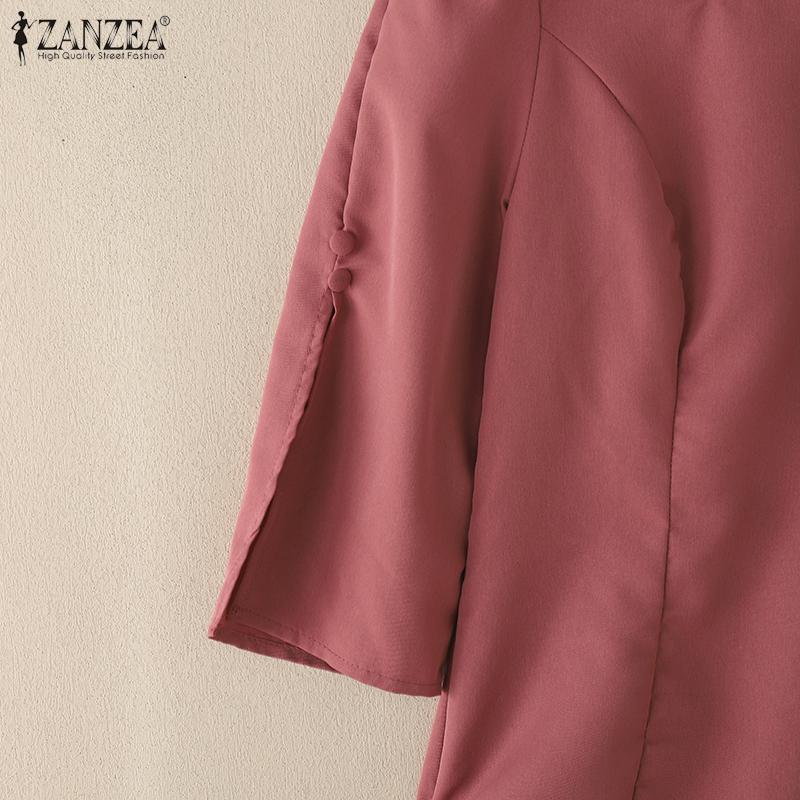 ZANZEA Women Elegant Square Neck Casual Split 3/4 Sleeve Plain Blouse
