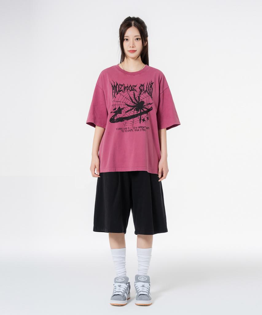 MOZMOZ [Set] Spider Pigment Short Sleeve + Pigment Wide Single-Pleat Shorts Set-Up