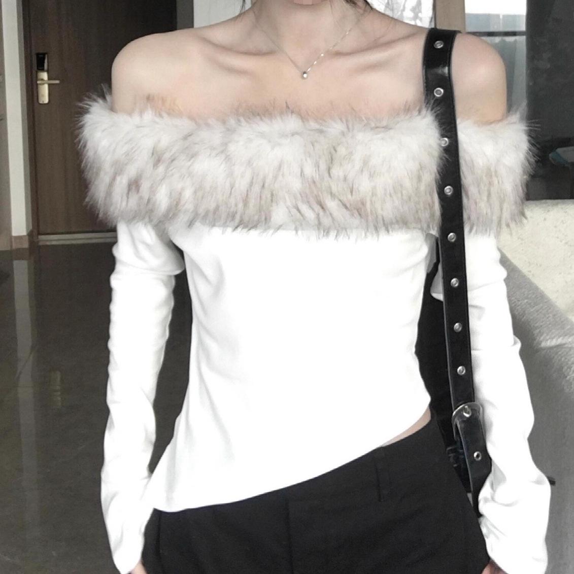 

Spicy Autumn/Winter Slimming One-Shoulder Knit Top with Fur Collar for Women S 80-95 cm