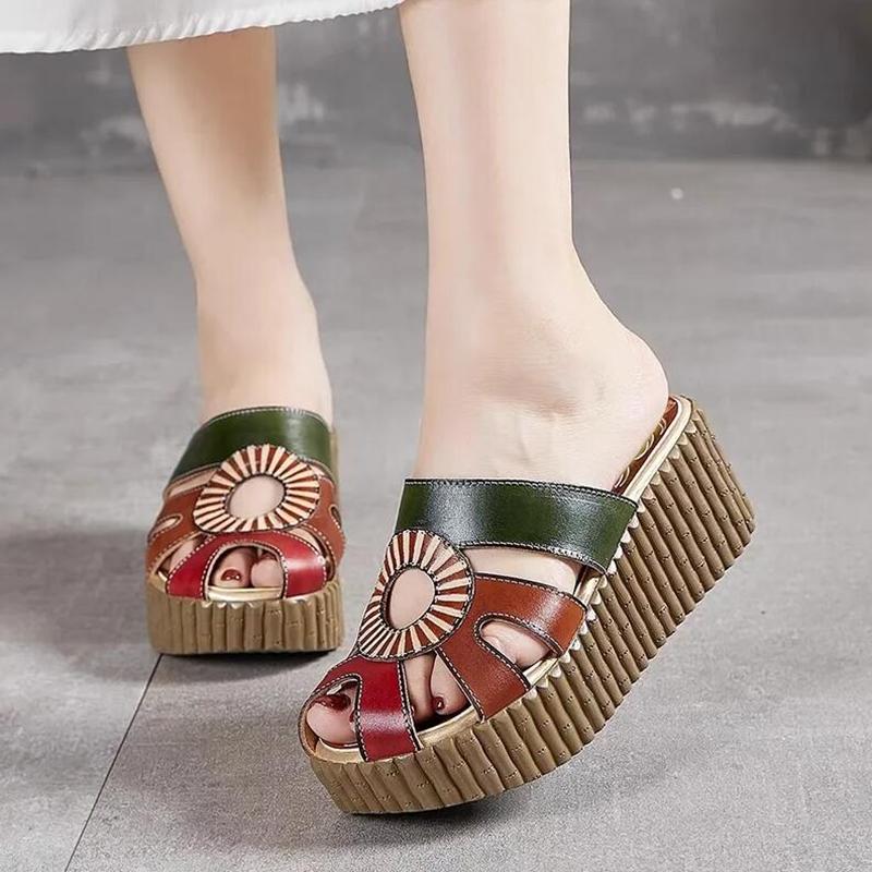 Fashion GKTINOO 2025 Wedge Slides Shoes Women Cover Toes High Heels Flower Sandals Summer Female Genuine Leather Platform Slippers