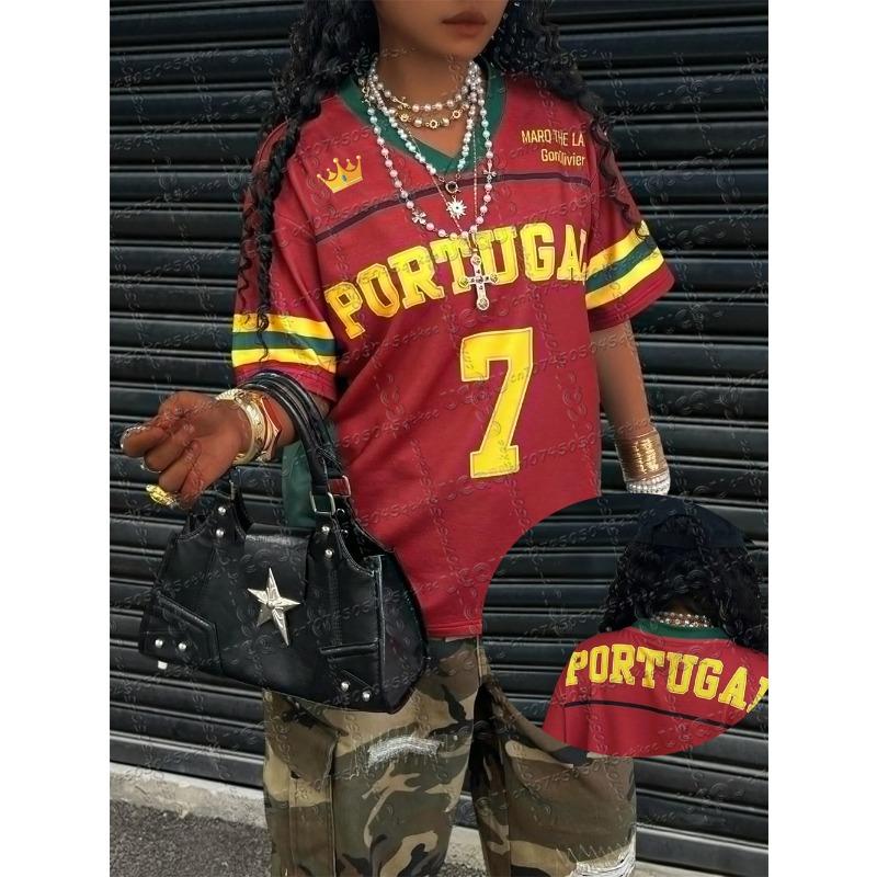 Jersey T-Shirt PORTUGAL Letter Printed Short Sleeved V-Neck Loose Fashion Street Versatile Top L