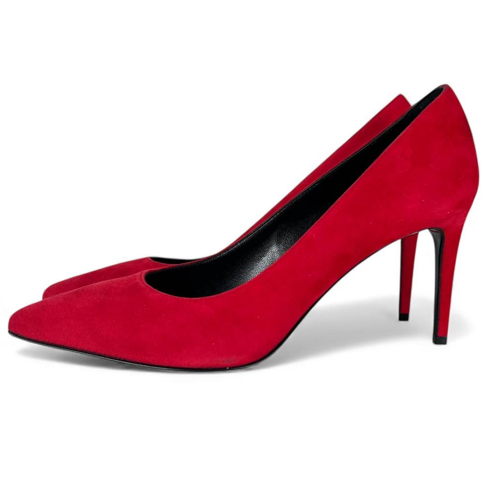 Pristine SAINT LAURENT Pumps Pointed Toe Stiletto Heels Red Suede Leather 37.5 Used