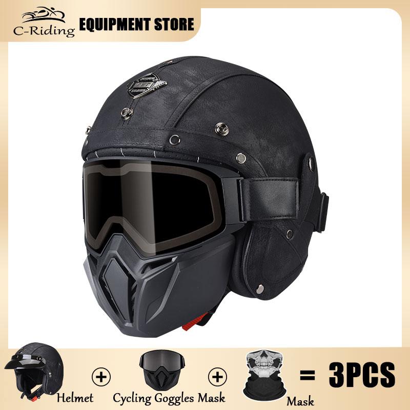 Vintage Brown Leather Helmet Summer Cruise Motorcycle Jet Helmet Men and Women Motorbike Riding Half Helmets Cascos Para Motos