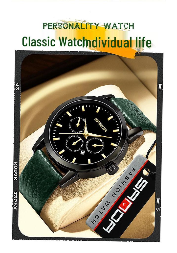 Sanda Quartz Three-Eye Six-Hand Watch: Fashionable, Simple, Leather Strap, Waterproof, Men's & Women's Calendar Watch.