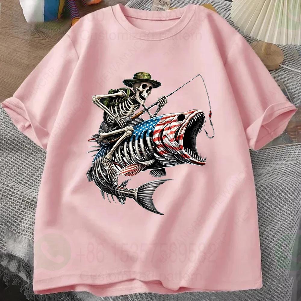 Skull Skeleton Fisherunisex Graphic Print Unisexs Cotton Tshirt Oneckshort Sleeve Tee Tops Vintage Tshirt Casual Tshirts Oversized