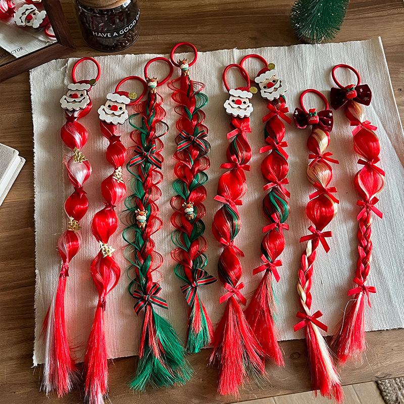 Christmas Children'S Hair Accessories Red Bow Santa Lantern Wig Braid Hair Ring Bubble Braid Wig Headband