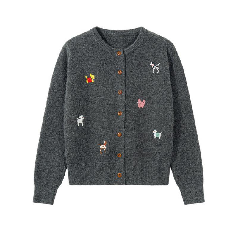 Women's Petite Fluffy Knit Cardigan: Japanese Style with Dog Embroidery, Perfect for Autumn/Winter