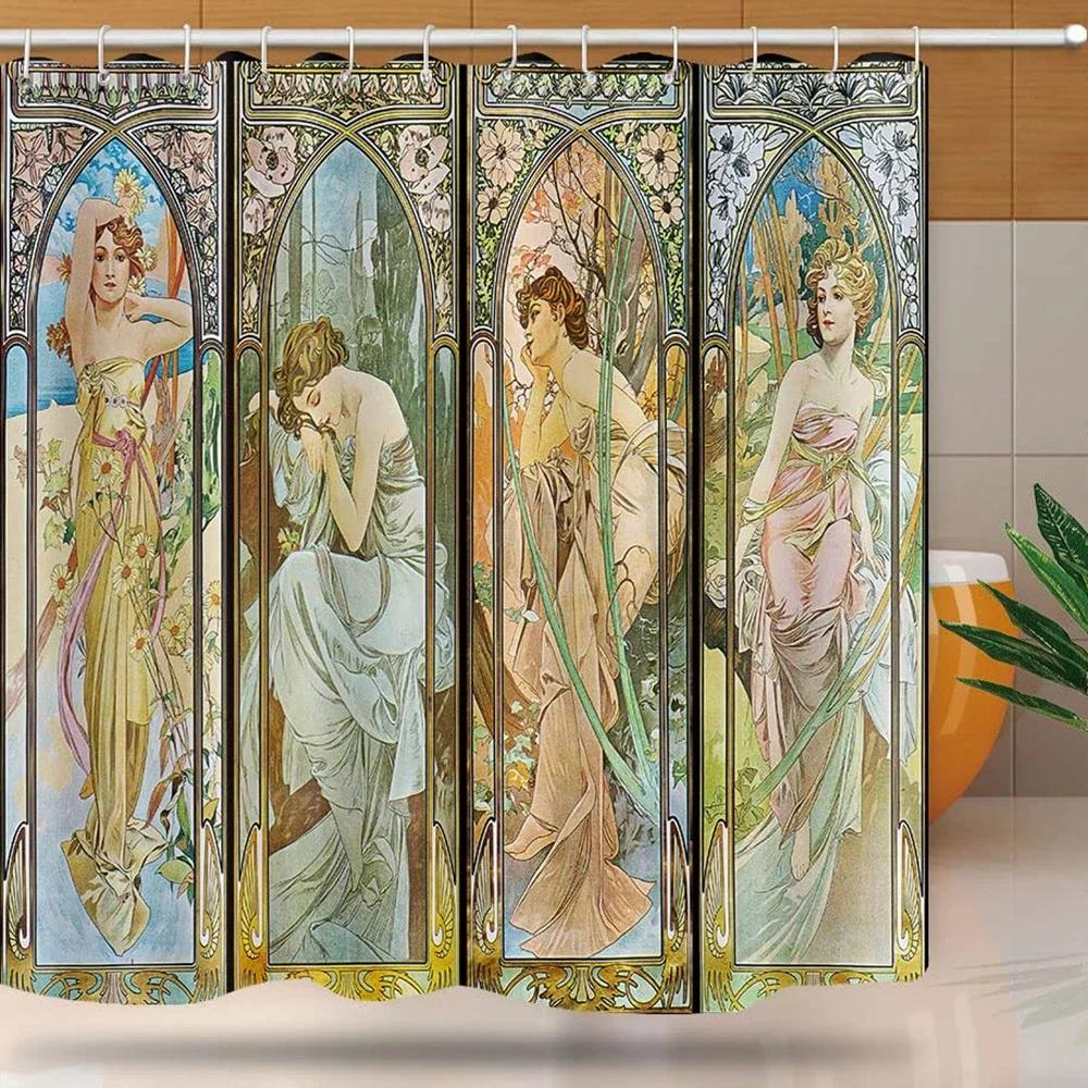 Rideau de douche Dame Art Nouveau, Ensemble de bain Esthétique Art Époques de la Journée, Repos Nocturne, Rêverie du Soir, Aube, Réveil Matinal
