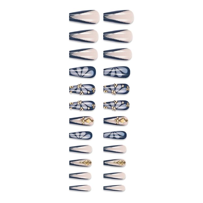 24pcs False Nail Long Square Stick on Nail With Rhinestones Designs Press on Nail Manicure Nail Decors For Trendy Women
