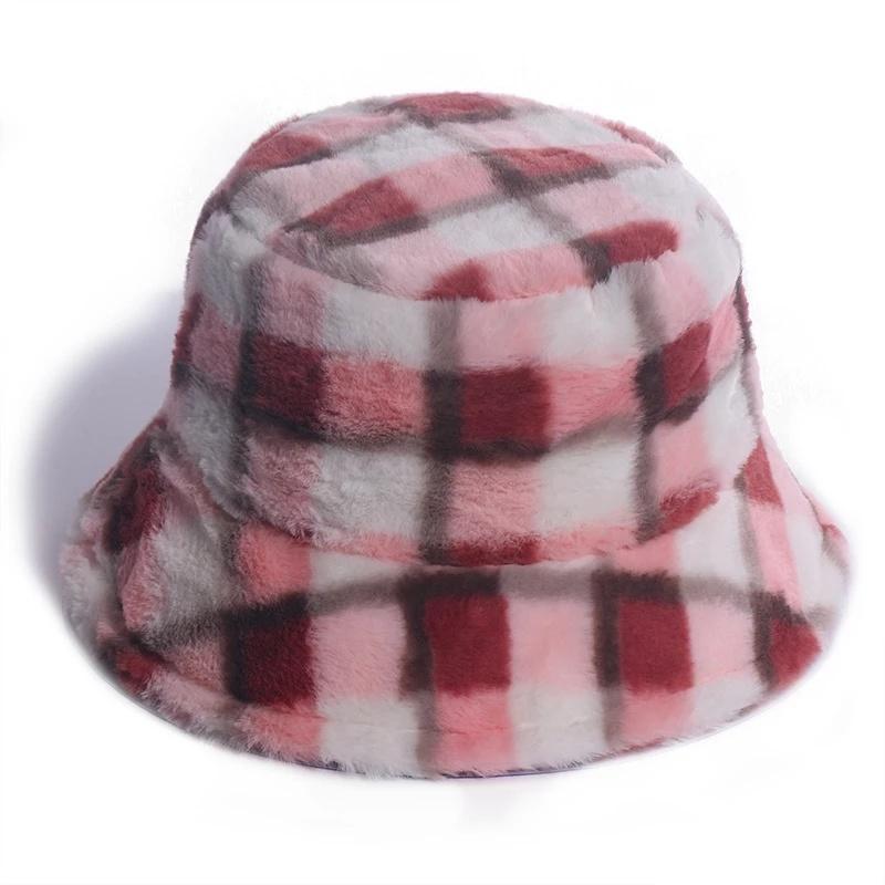 Faux Fur Winter Bucket Hat for Women Fashion Retro Lattice Soft Warm Fishing Cap Outdoor Foldable Hat Fisherman Hat