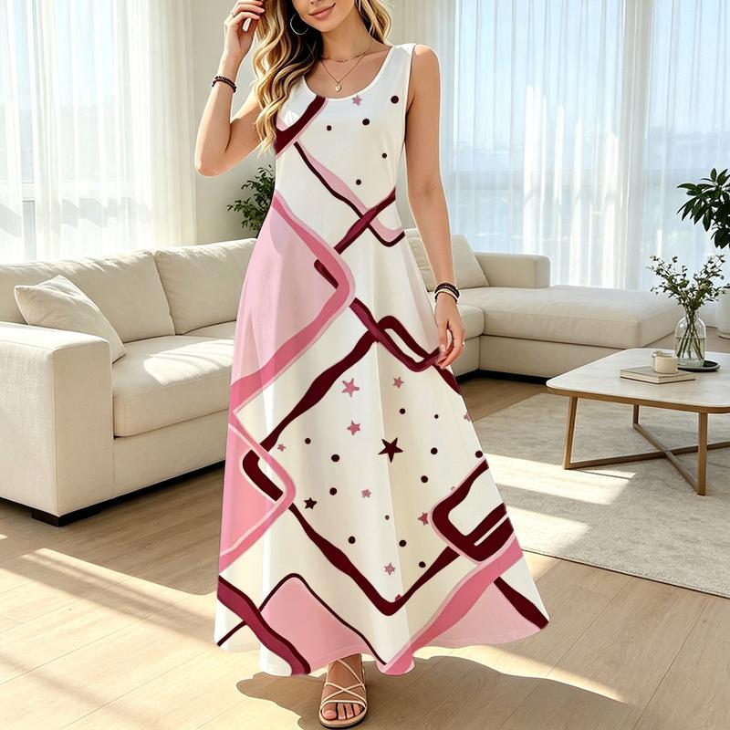 Geometric Series Soft Loose Maxi Dress Elegant Vacation & Daily Casual Wear for Spring Autumn Beach Travel