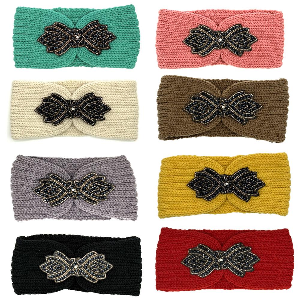 Crystal Beaded Winter Knit Headband Warm Turban Headwrap Hairbands Wool Ear Warmer Headscarf Head Wear Hair Accessories for Women Bandeau Bandanas
