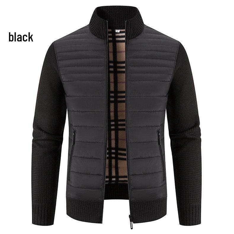 Men's Plus Size Color Block Stand Collar Velvet Cardigan Sweater - Warm, Thickened Knitted Outerwear for Autumn and Winter.