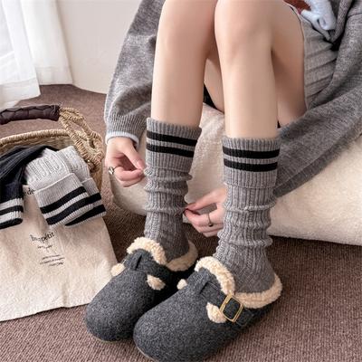 Autumn and Winter Striped Tweed Grey Mid-calf Socks for Women, Thick and Warm Wool Cream White Calf Socks, Long Pile Socks