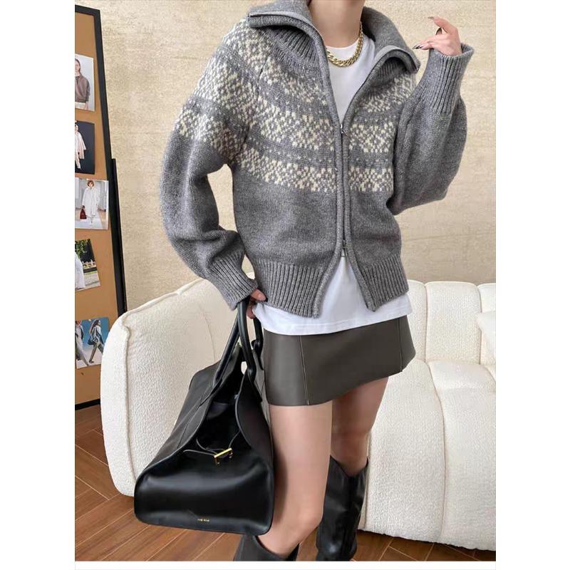 Korean Fashion Autumn Winter Zipper Cardigan Women Sweater Jacket Retro Printed Lapel Loose Knitted Coats Long Sleeve Office Fashion Elegant Clothing