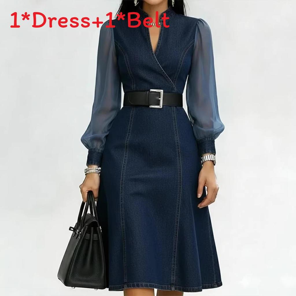 Womens Summer Long Sleeve Vneck Jeans Dress With Waist Cinch For Casual And Office Wear