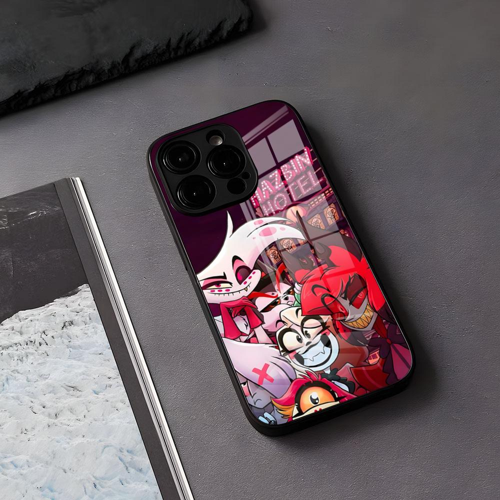 H-Hazbins-Hotels Handyhülle für iPhone 17 Air, 16 E Pro Max, 15, 14, 13 Mini, 12 Pro, 11 Max Plus – Schwarze Glasabdeckung
