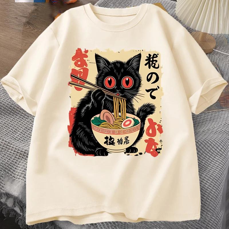 Vintage Japanische Schwarze Katze Ramen Damen T-Shirts Niedliche Grafik Lustige Katze isst Ramen Gedruckt Harajuku Kurzarm Freizeit Oberteil Tee