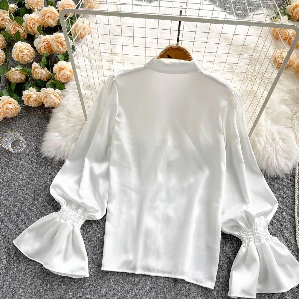 Satin Loose Shirt Long Flared Sleeves Ruffles O Neck Beading  Women Gentle Office Lady Casual Blouse