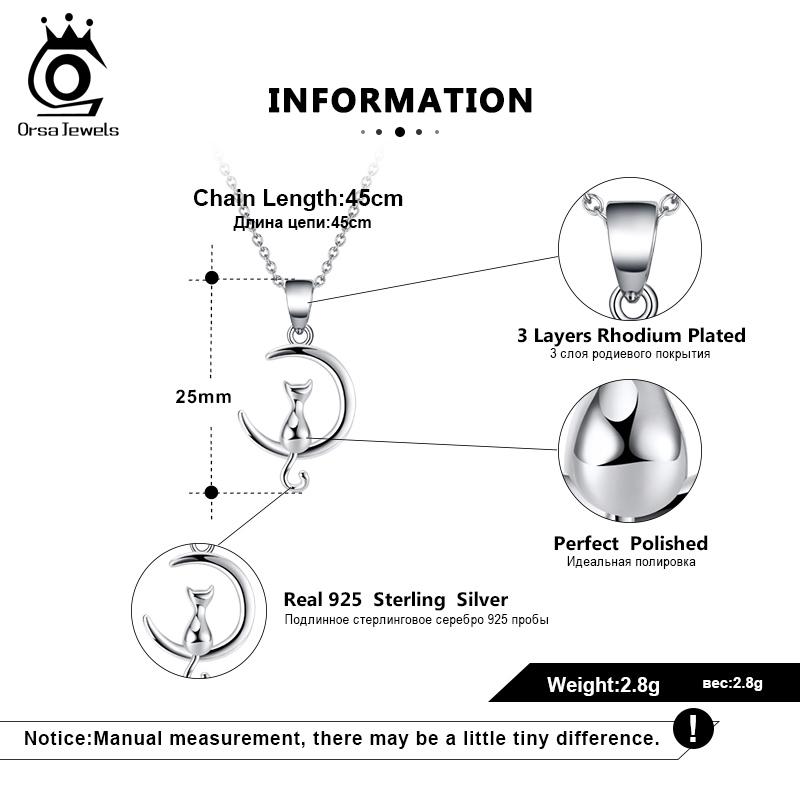 ORSA JEWELS Real 925 Sterling Silver Necklace Perfect Polished Creative funny cat sitting on the moon For Girl /woman Gift SN271