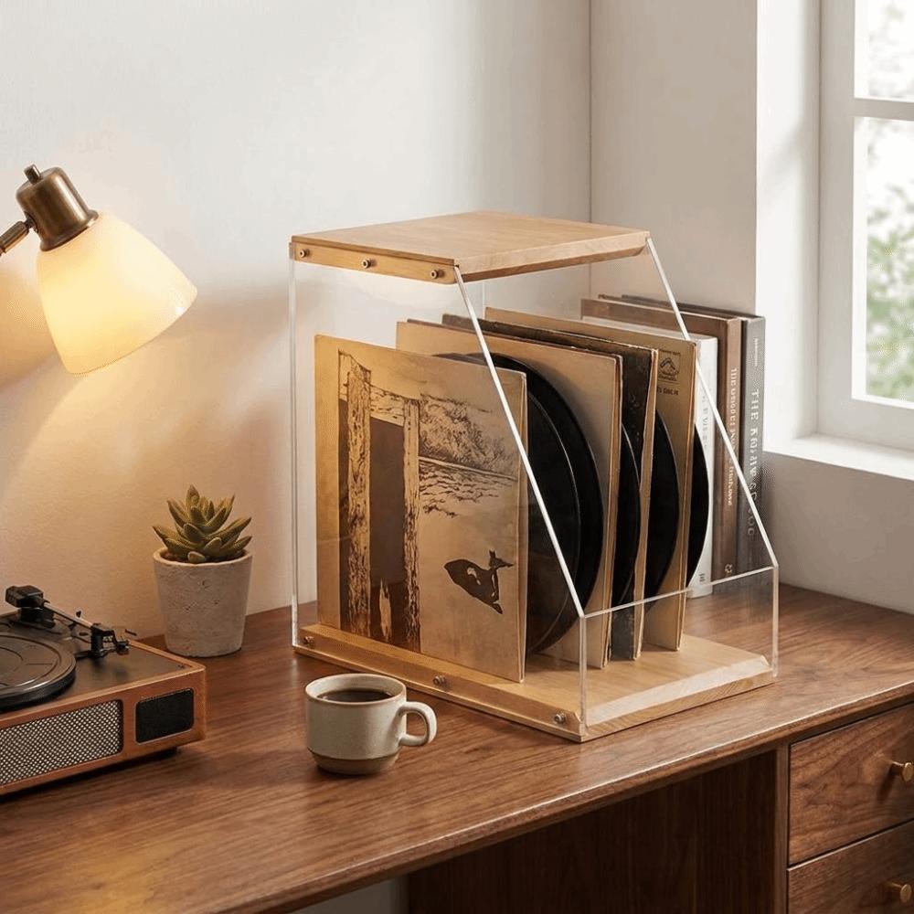 Stable Structure Wooden Record Holder Solid Wood Vinyl Display Stand Desktop Decoration