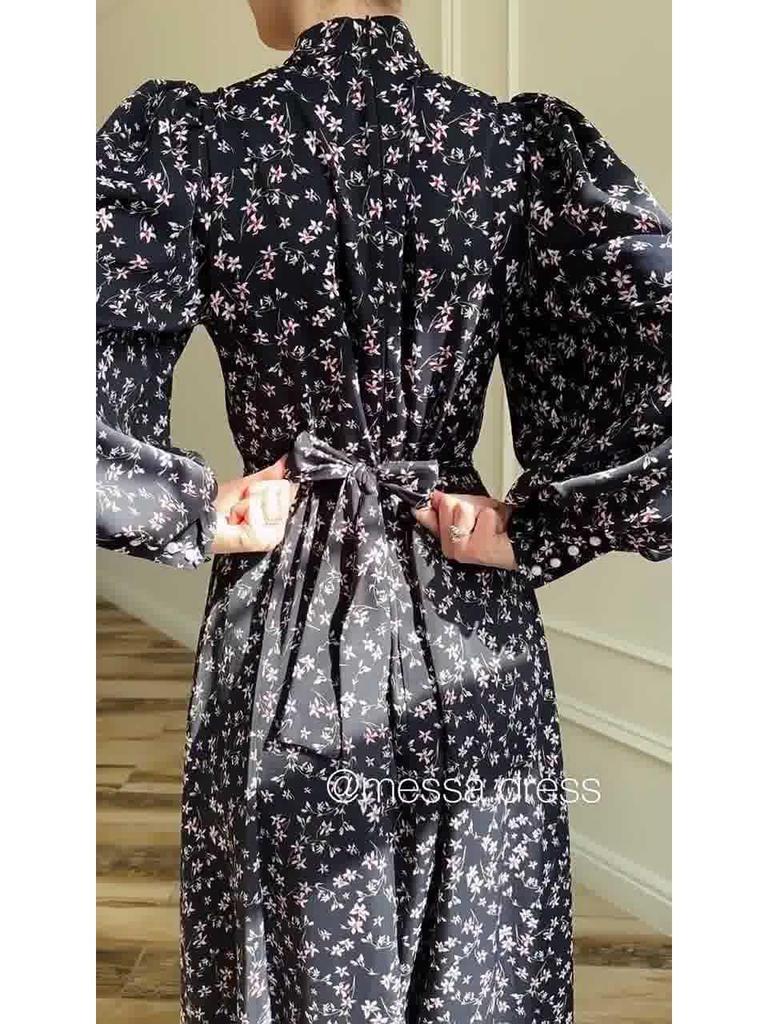 2025 Spring Loose Tie Floral Satin Long Sleeve Dress